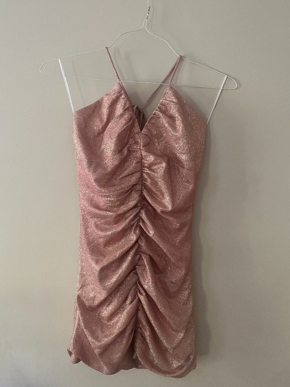 SHOWPO Nanathel Ruched Halter Mini Dress, Pink/Rose Gold, Size US6